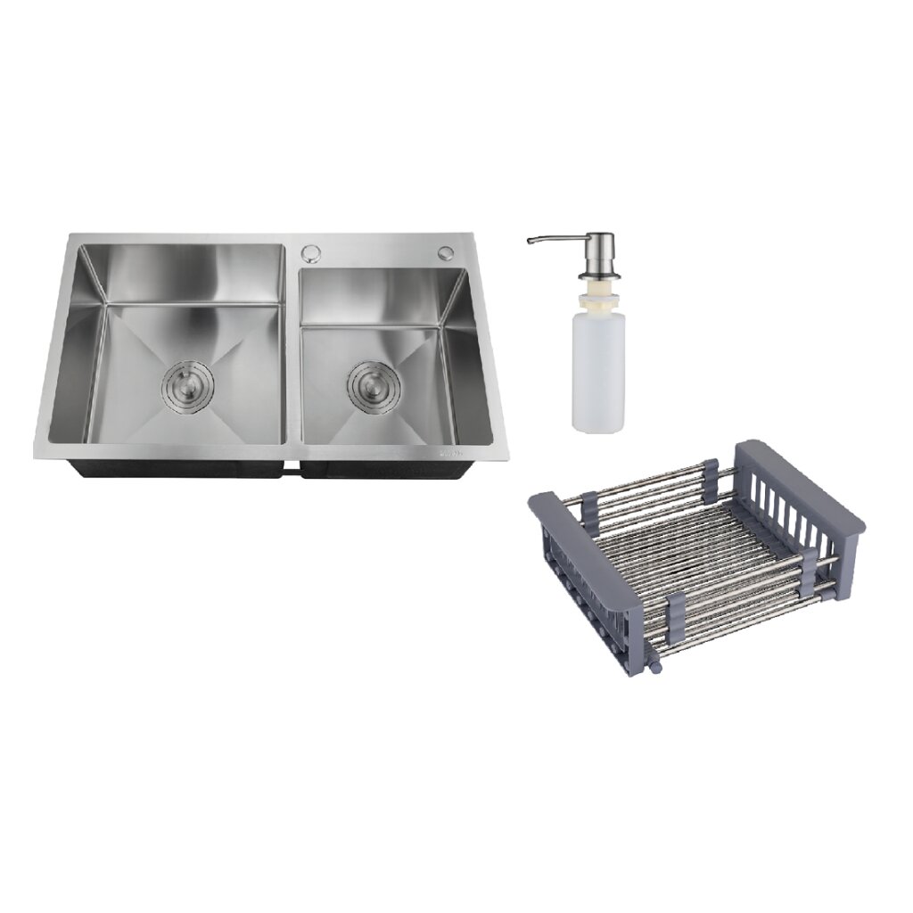 Мойка кухонная двойная РМС 780*430 (3 в 1) + корз. раздв. + дозатор врезной MR-7843