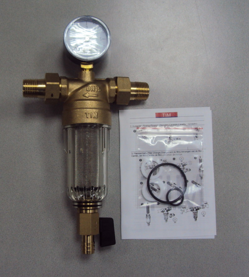 Фильтр промывной TIM JH-1002Y2, 1/2", с манометром, стеклянный корпус