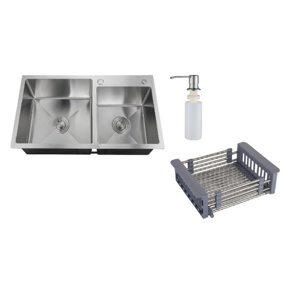 Мойка кухонная двойная РМС 780*430 (3 в 1) + корз. раздв. + дозатор врезной MR-7843