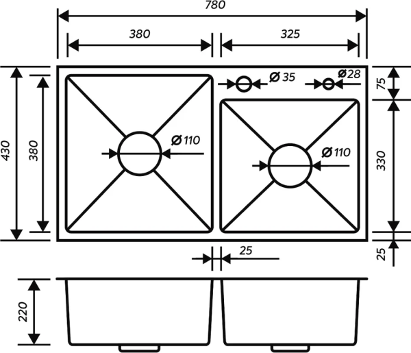 Мойка кухонная двойная РМС 780*430 (3 в 1) + корз. раздв. + дозатор врезной MR-7843BL — купить кухонную мойку в Кургане, цены в интернет-магазине «АкваТехника»