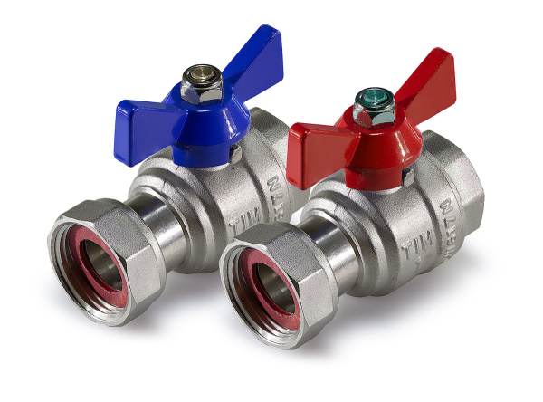 Кран для коллектора шаровый с накидной гайкой TIM M328-4, 1" пара (син./красн.)