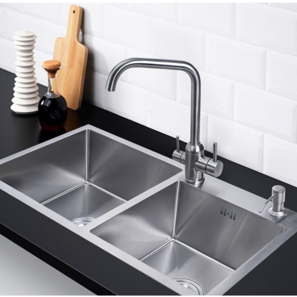 Мойка кухонная двойная РМС 780*430 (3 в 1) + корз. раздв. + дозатор врезной MR-7843 — купить кухонную мойку в Кургане, цены в интернет-магазине «АкваТехника»