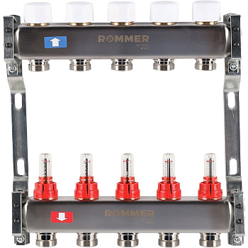 Коллектор из нержавеющей стали ROMMER   1"х3/4"х5 с расходомерами   