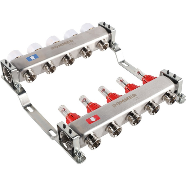 Коллектор из нержавеющей стали ROMMER   1"х3/4"х5 с расходомерами    — купить в Кургане, цены в интернет-магазине «АкваТехника»