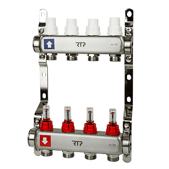 Коллектор из нержавеющей стали РТП  1"х3/4"х4 с расходомерами   