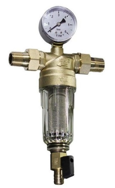 Фильтр промывной TIM JH-3002Y2, 1", с манометром, стеклянный корпус