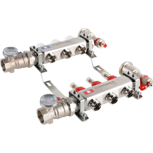 Коллектор из нержавеющей стали ROMMER   1"х3/4"х3 с расходомерами    — купить в Кургане, цены в интернет-магазине «АкваТехника»