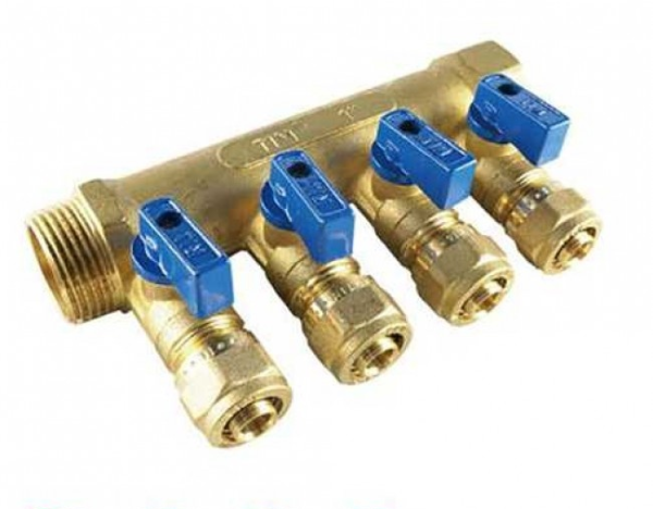 Коллектор с шаровыми кранами TIM 200-3/4(5), 3/4"х16, 5 вых., с цангами под трубу МП Φ16, с ручками