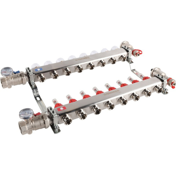Коллектор из нержавеющей стали ROMMER   1"х3/4"х8 с расходомерами    — купить в Кургане, цены в интернет-магазине «АкваТехника»