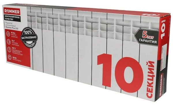 Радиатор Алюминиевый ROMMER  Plus 10 секций, 200мм/96мм, 85Вт, белый — купить в Кургане, цены в интернет-магазине «АкваТехника»