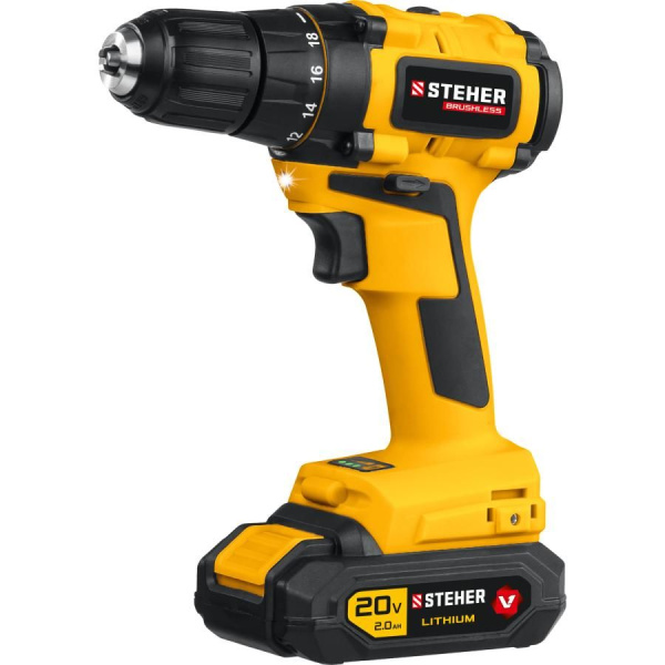 Дрель-шуруповерт 20В, 2 АКБ (2Ач), в кейсе STEHER