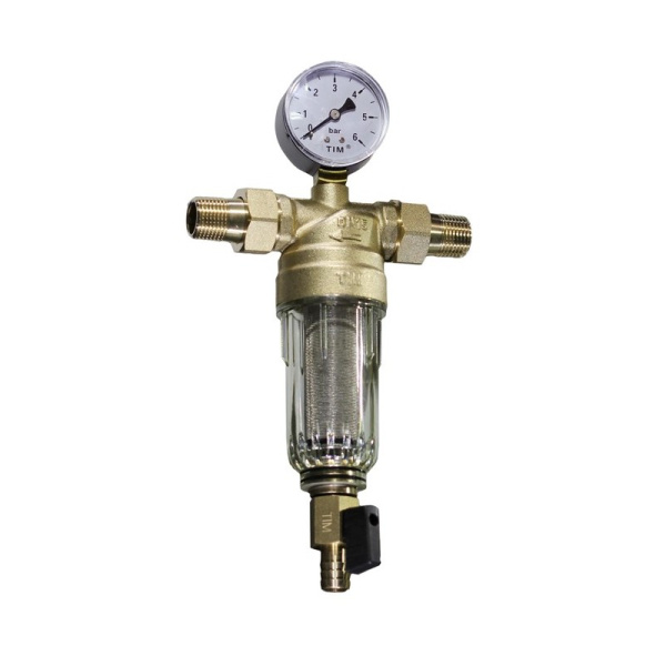 Фильтр промывной TIM JH-2002Y2, 3/4", с манометром, стеклянный корпус