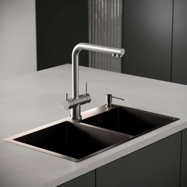 Мойка кухонная двойная РМС 780*430 (3 в 1) + корз. раздв. + дозатор врезной MR-7843BL — купить кухонную мойку в Кургане, цены в интернет-магазине «АкваТехника»